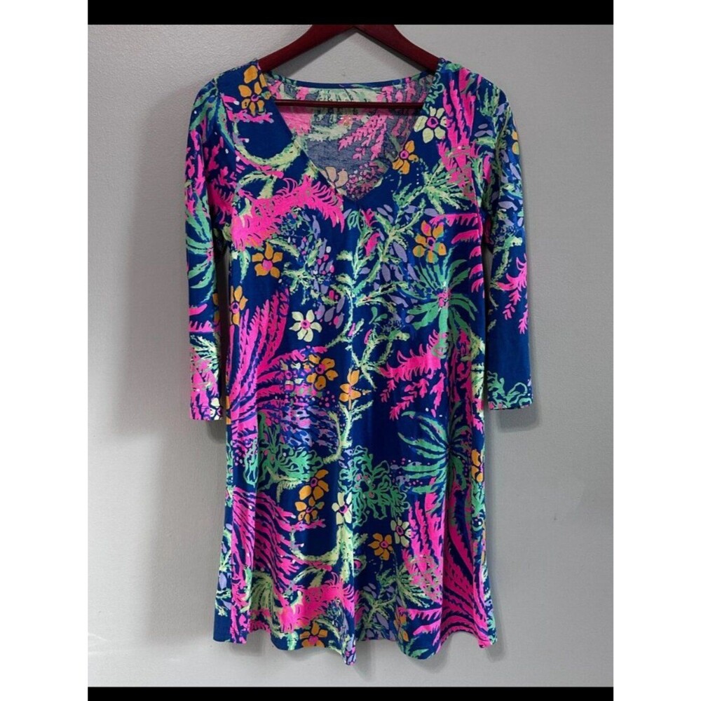 Lilly Pulitzer Small Erin Dress 3/4 Sleeves V-Neck Indigo All Glow Cotton Floral